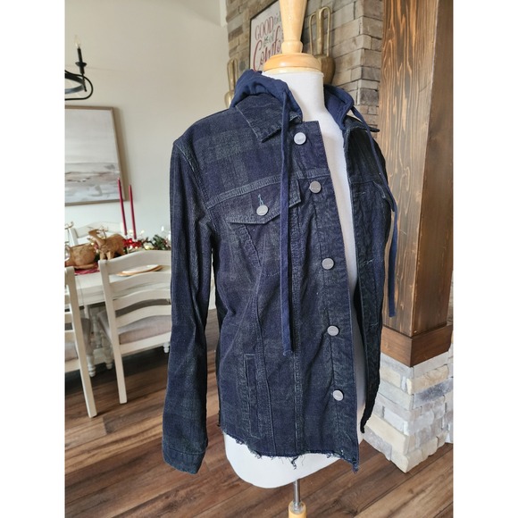 Dear John Jackets & Blazers - DEAR JOHN Anthropology Womens Corduroy Plaid‎ Jacket Blue Green Hooded Size S